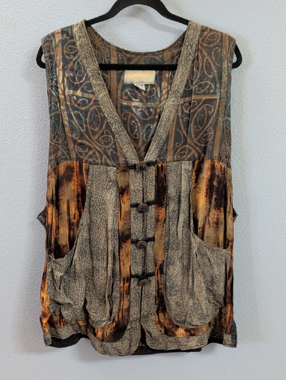 Kusnadi New York Sleeveless V-Neck Patchwork Vest Bohemian Brown and Gray